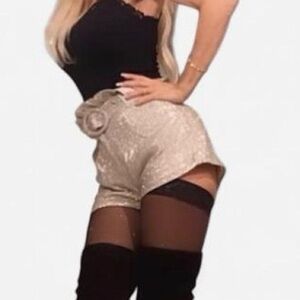 Silver sparkly short shorts with belt